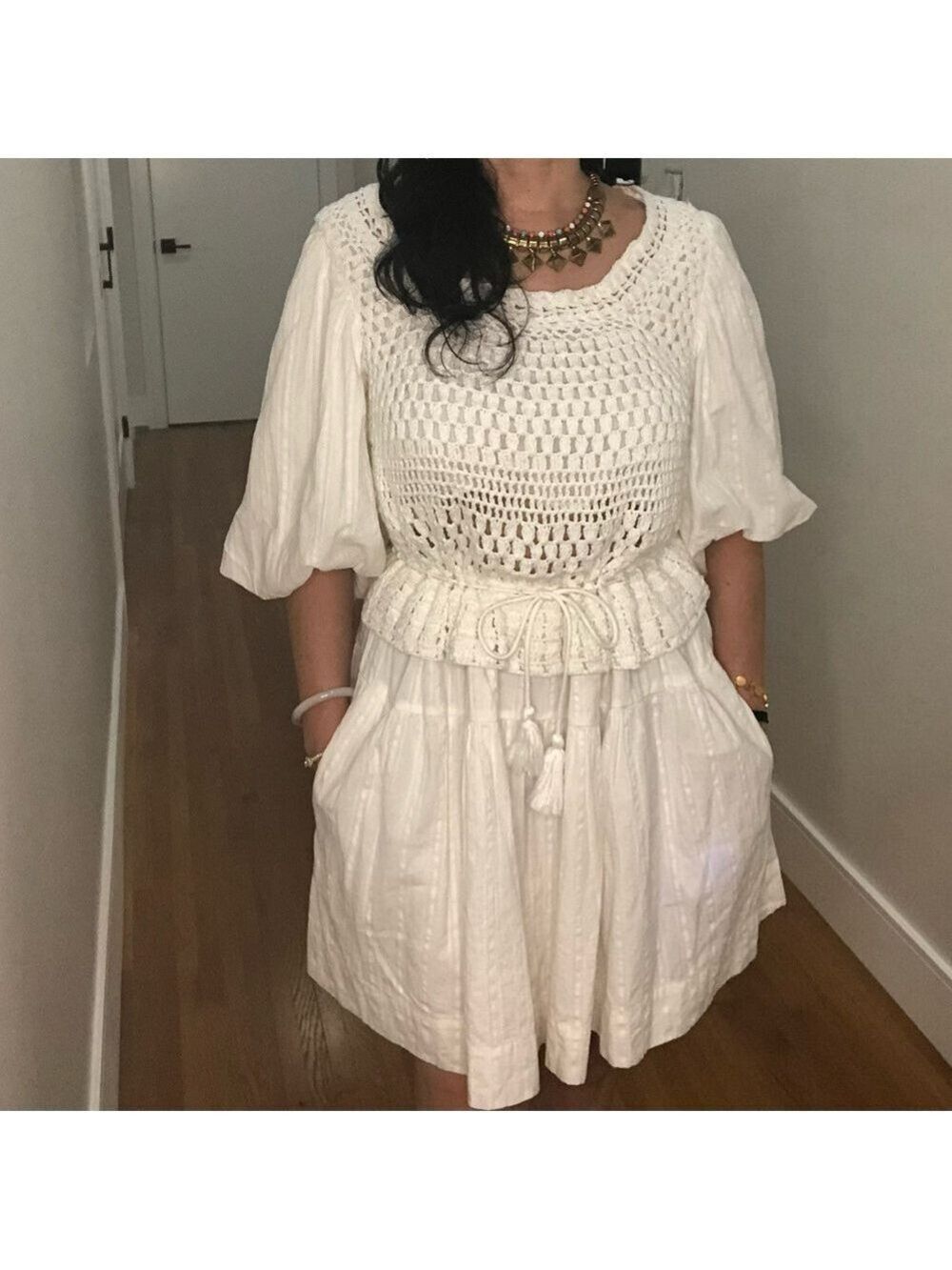 134. Boho White Crochet Smocked Mini Dress with Puff Sleeves